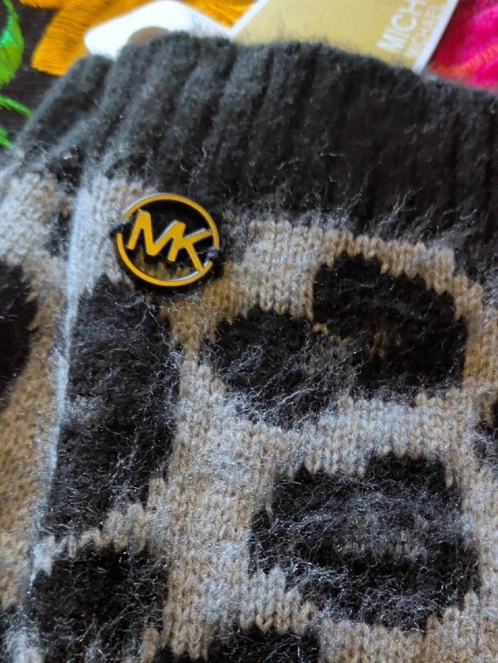 Michael Kors Black and Gray Leopard Knit Mittens with Gold MK Accent